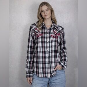 Vintage 90s Adobe Rose Western Embroidered Button Long Sleeve Plaid Rodeo Top